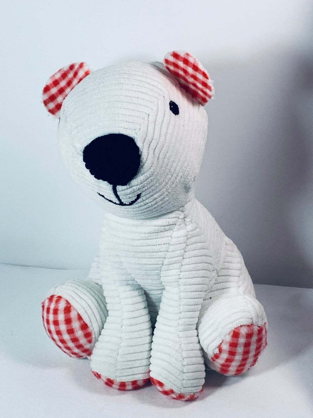 Little White Corduroy Bear plush red gingham feet,ears by Make Believe Ideas